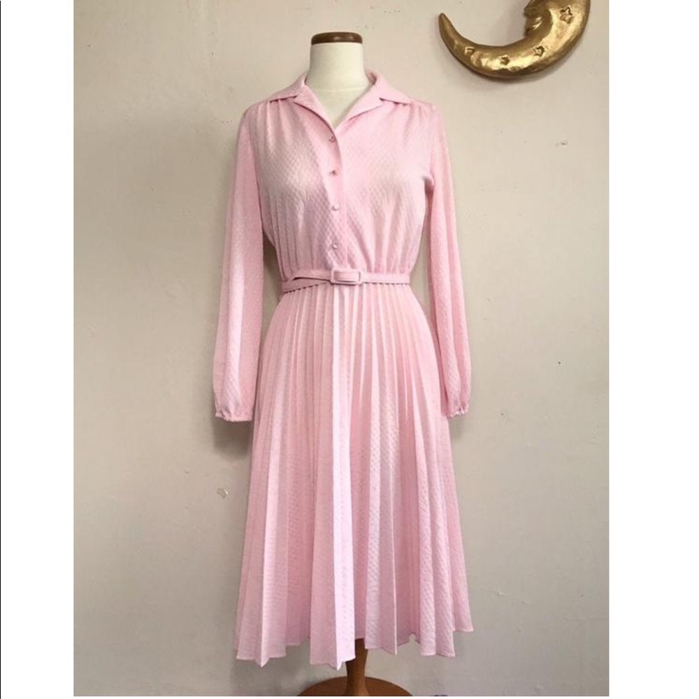 Vintage 70/80s Pink Pleated Floral Secretary Dress